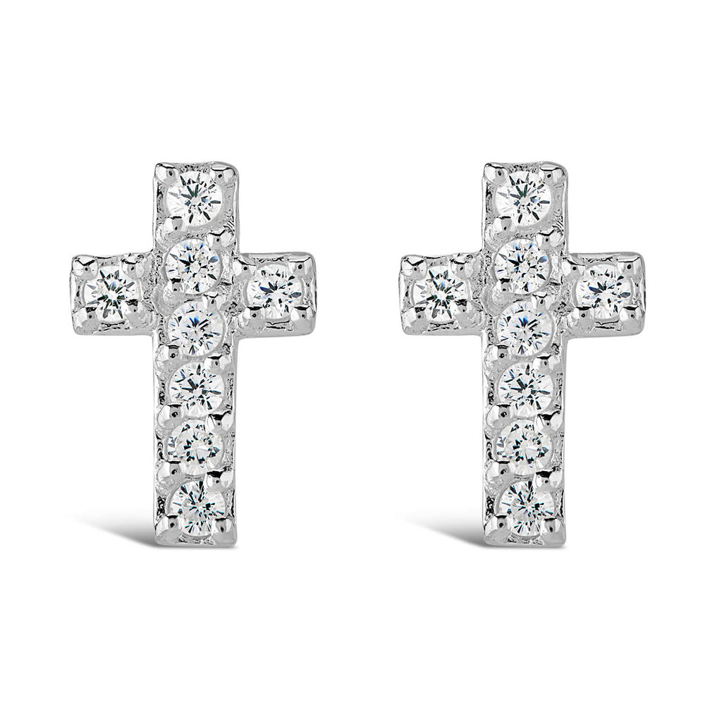 Sterling Silver Cubic Zirconia Set Cross Stud Earrings image number 0