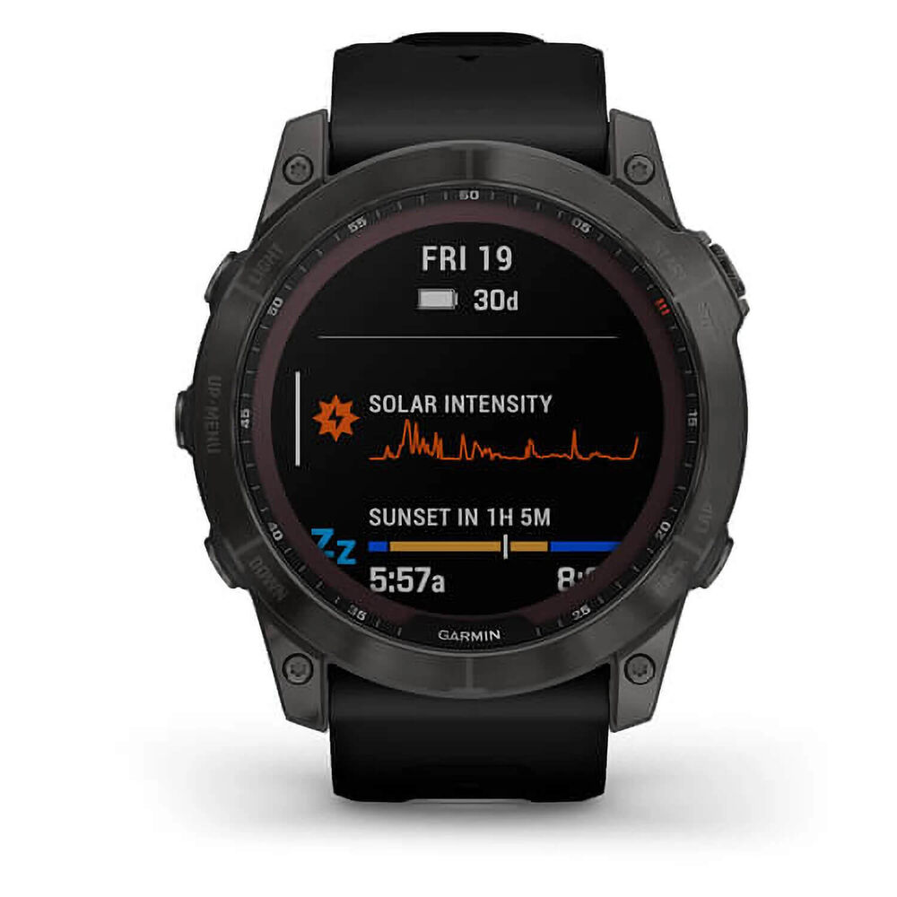 Garmin Fenix 7X Sapphire Solar Carbon Grey DLC Titanium Black Silicone Strap Watch image number 1