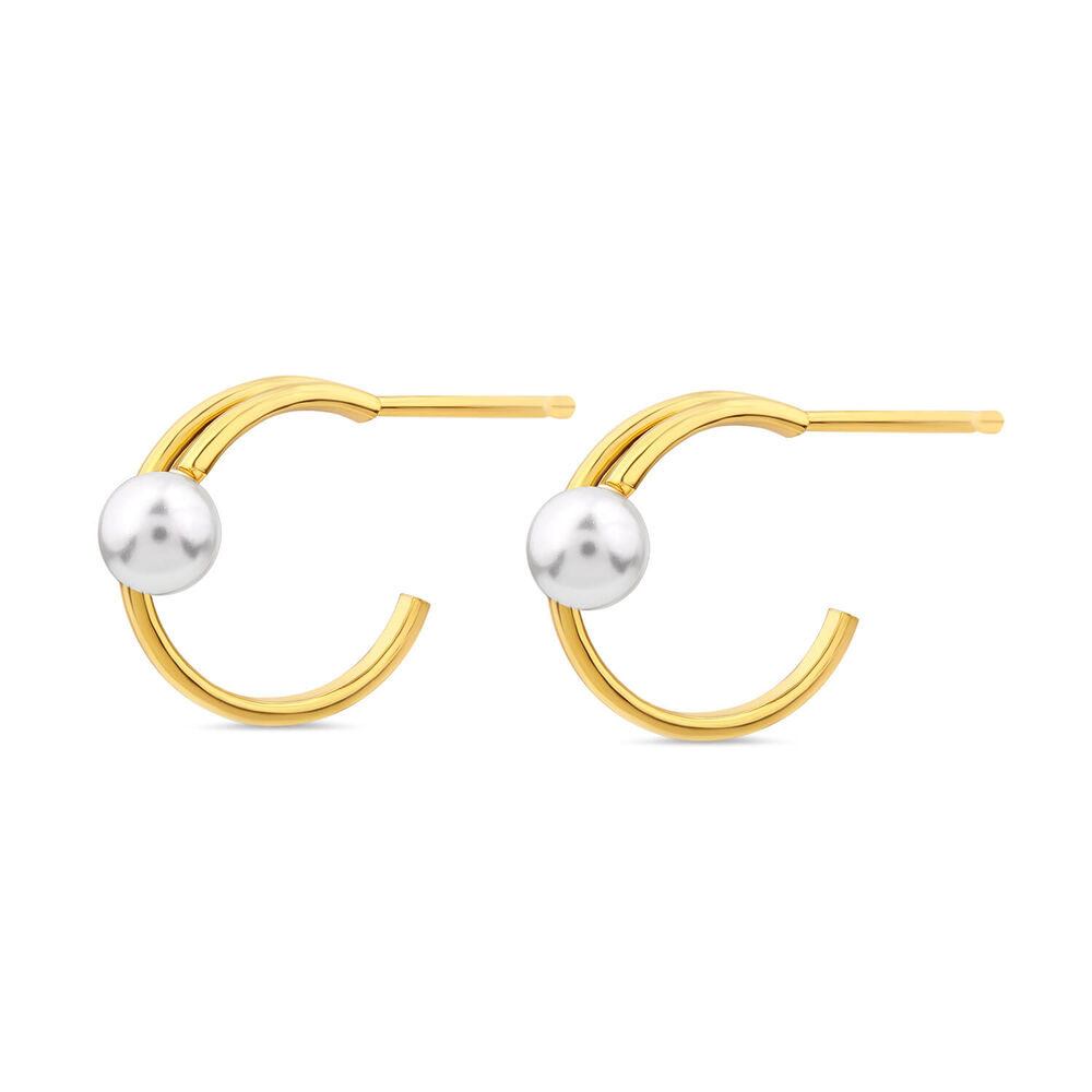 Yellow Gold Plated Sterling Silver Pearl Open Double Hoop Earrings