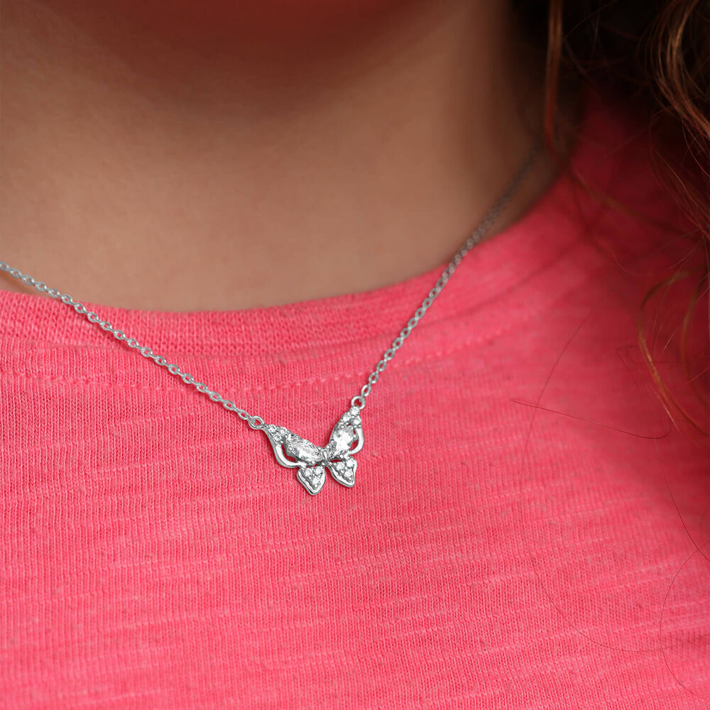 Sterling Silver Cubic Zirconia Set Butterfly Necklet image number 1