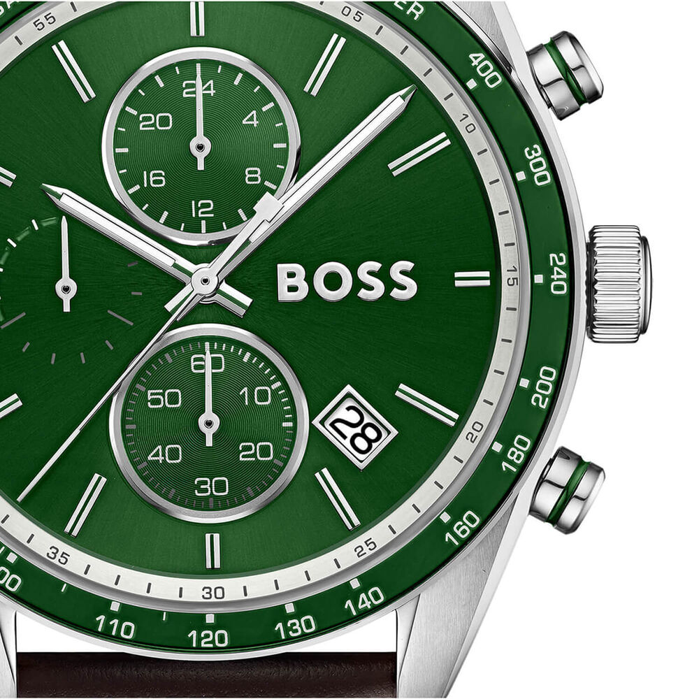 BOSS Grand Prix Vitesse 44mm Green Dial Dark Brown Leather Strap Watch