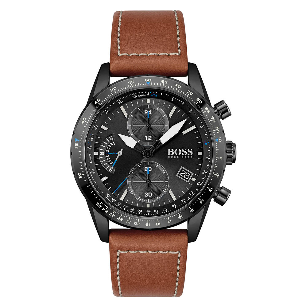 BOSS Pilot Chronograph 44mm Black Dial Black PVD Case Brown Strap Watch
