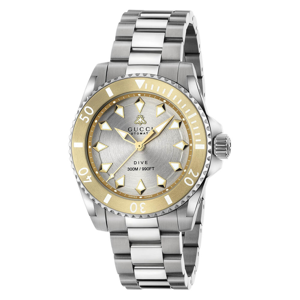 Gucci Dive 40mm Silver Dial 18ct Yellow Gold Plated Bezel Steel Bracelet Watch
