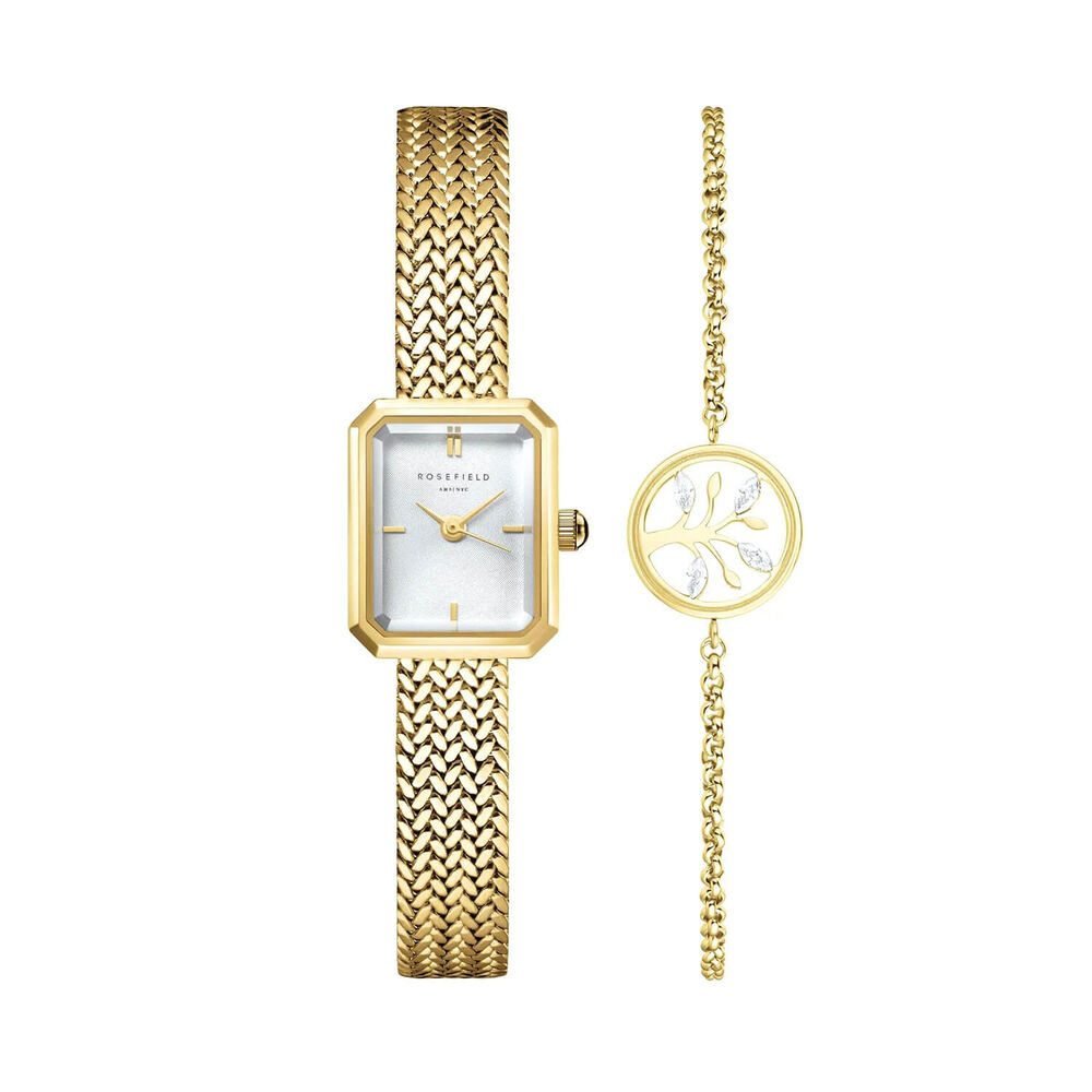 Rosefield Mini Octagon 15mm White Dial Gold Woven Mesh Bracelet Watch & Tree of Life Bracelet