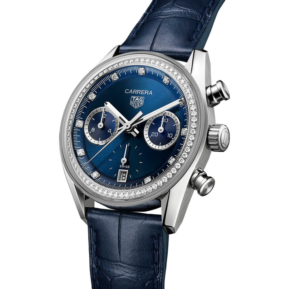 TAG Heuer Carrera Chronograph 39mm Blue Dial Diamond Dots Leather Strap Watch