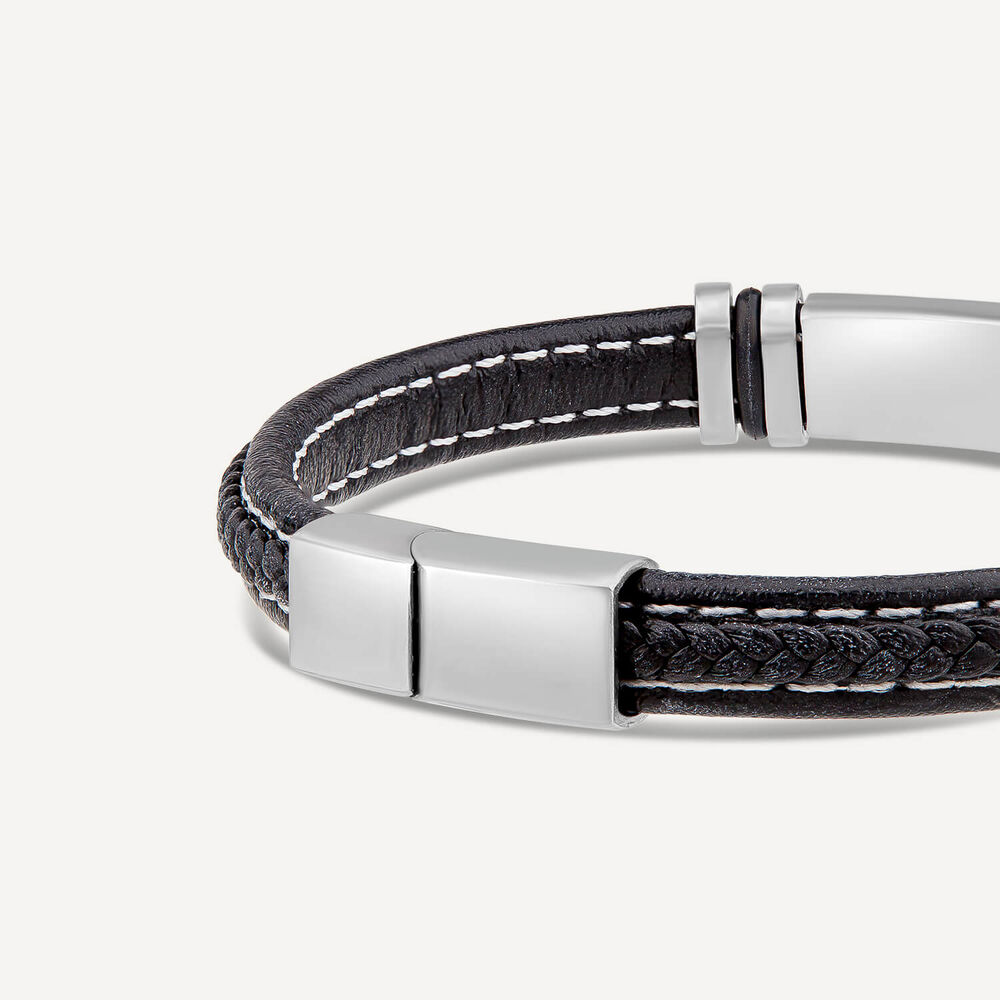 Mens's Steel & Black Leather White Stitching Bracelet image number 3