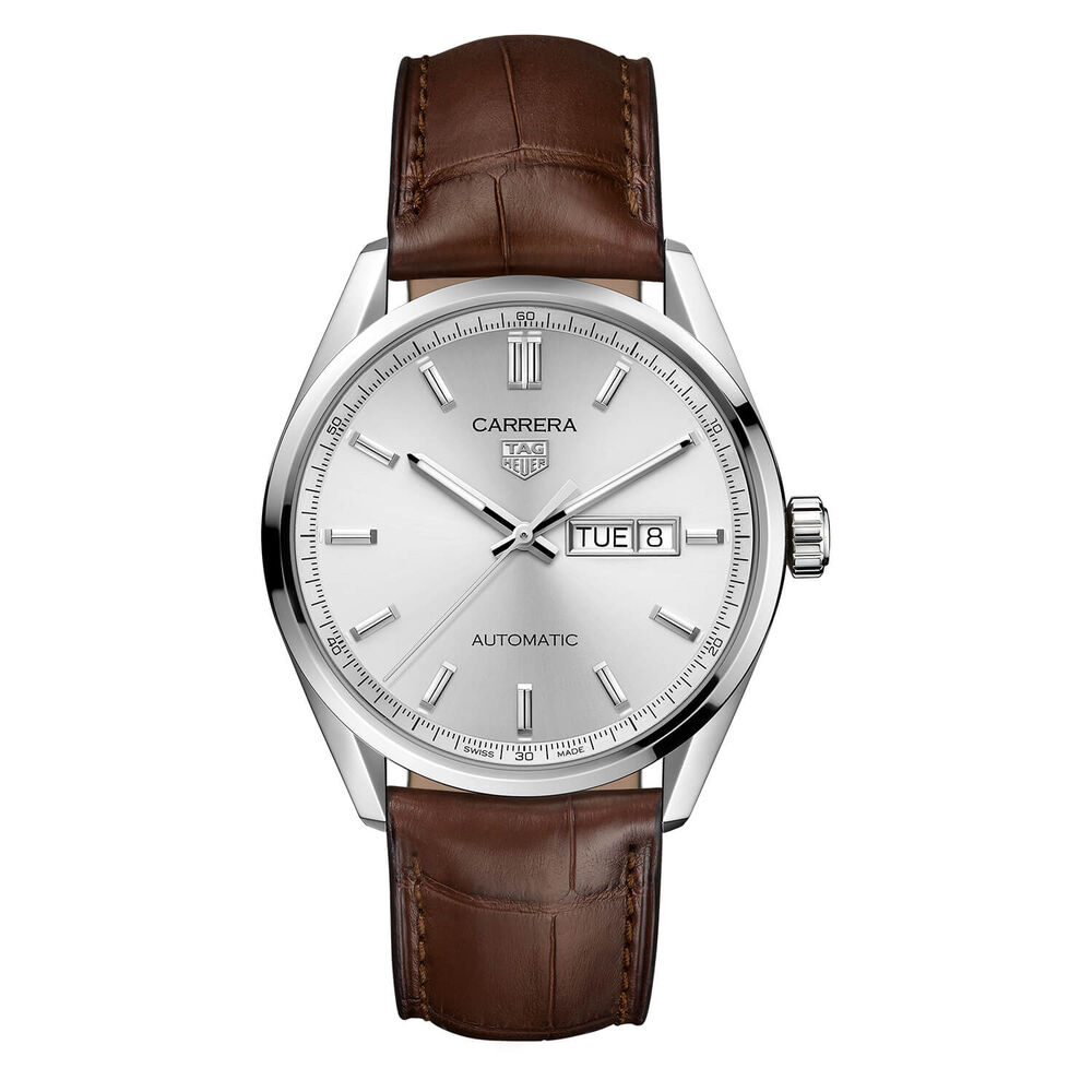 TAG Heuer Carrera 41mm Day & Date Silver Dial Steel Case Brown Strap Watch image number 0