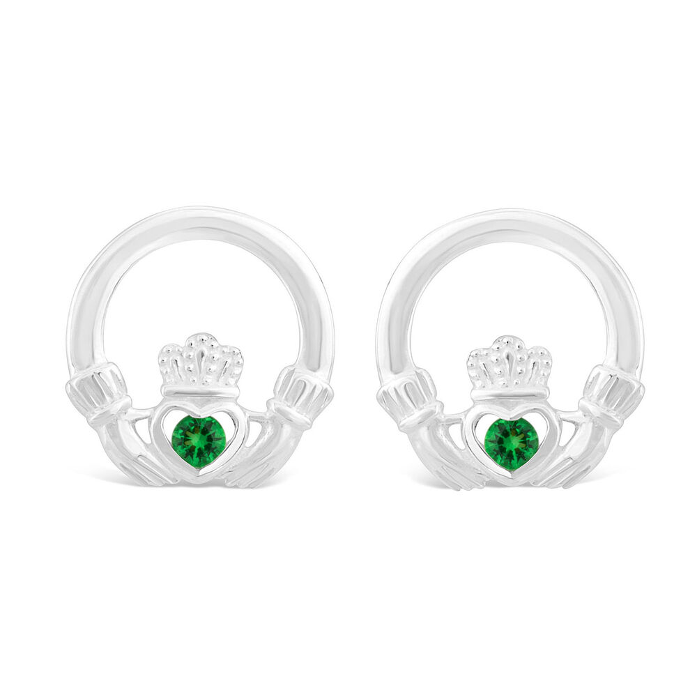 Celtic Claddagh Sterling Silver & Green Cubic Zirconia Earrings image number 0
