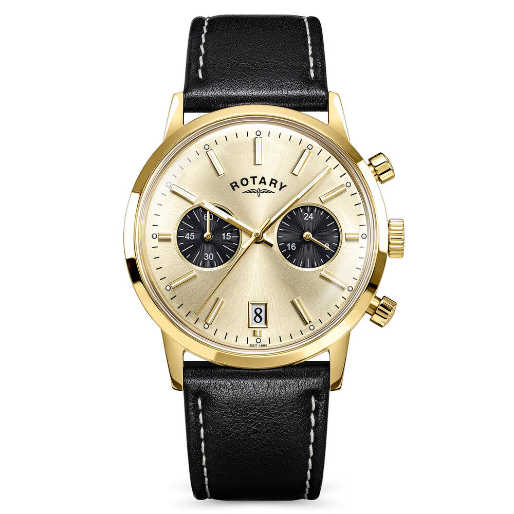 Rotary 1895 Chronograph 38mm Champagne Dial Black Leather Strap Watch