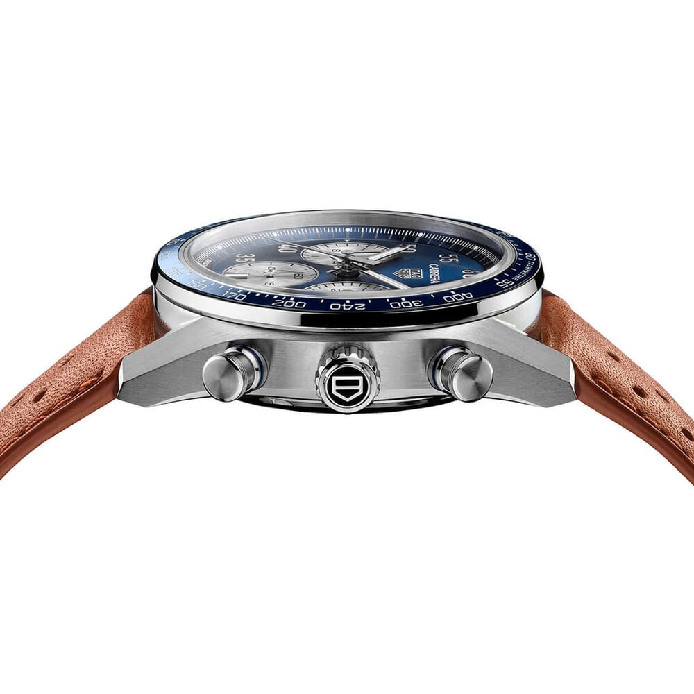 TAG Heuer Carrera Chronograph Sport 42mm Blue Dial Brown Leather Strap Watch