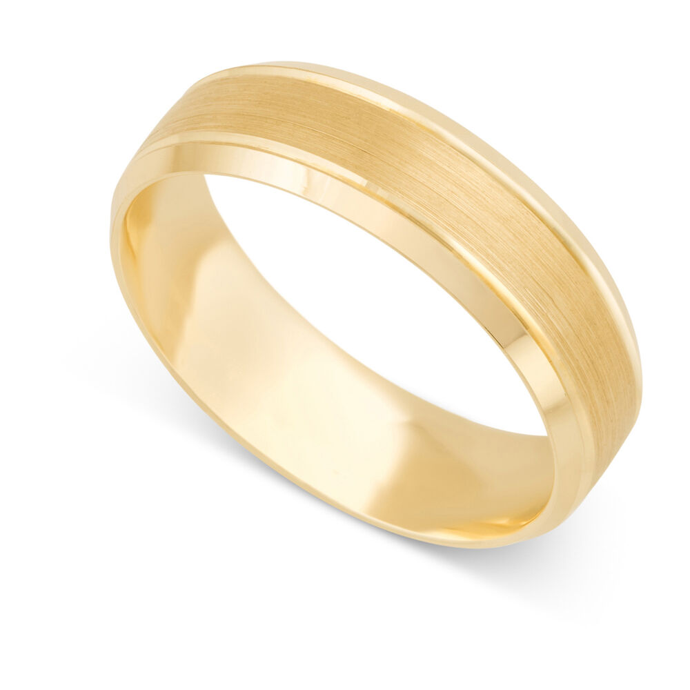 9ct Gold Satin and Ribbed Edge Gents 6mm Wedding Ring image number 0