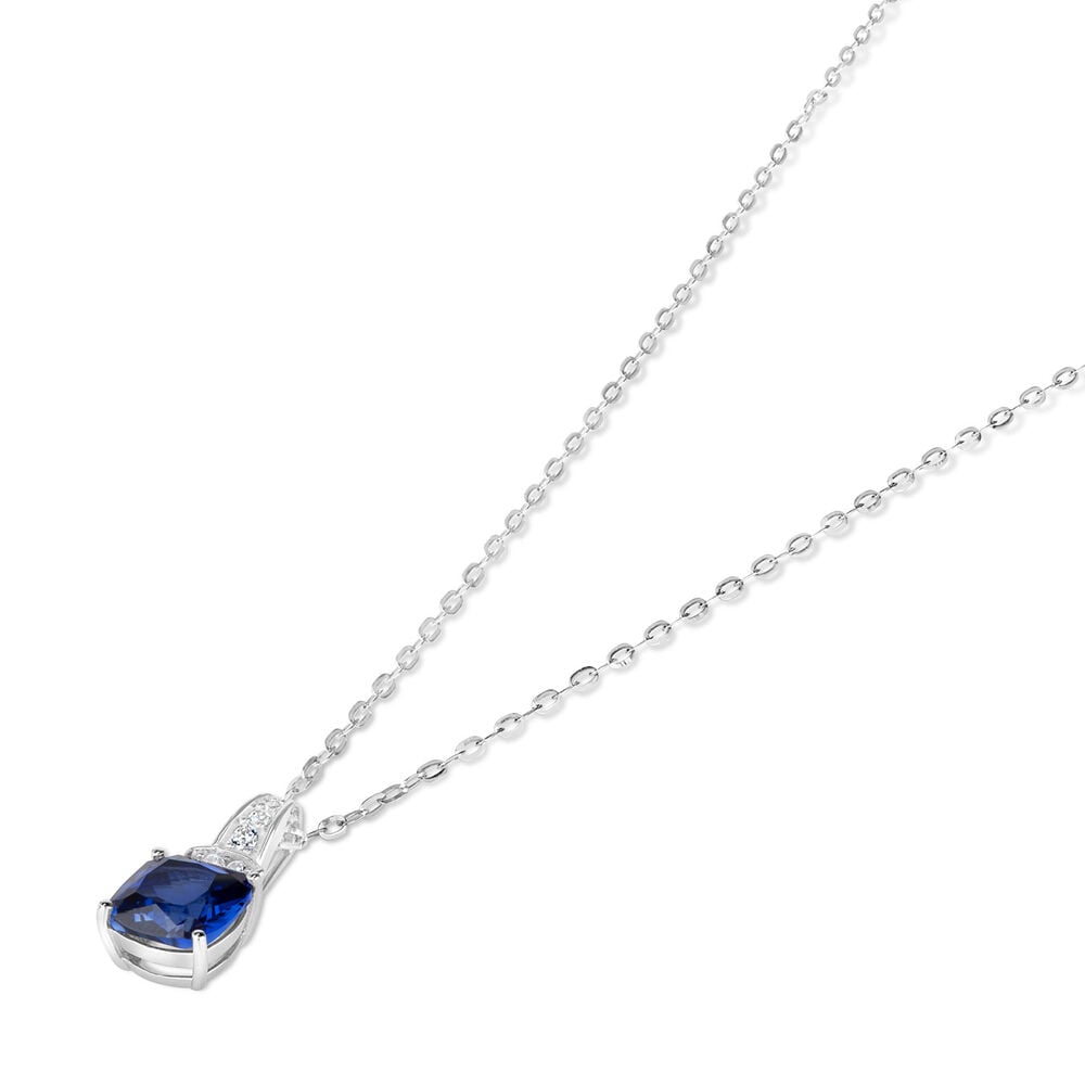9ct White Gold Cushion Cut Sapphire & Cubic Zirconia Pendant (Chain Included)
