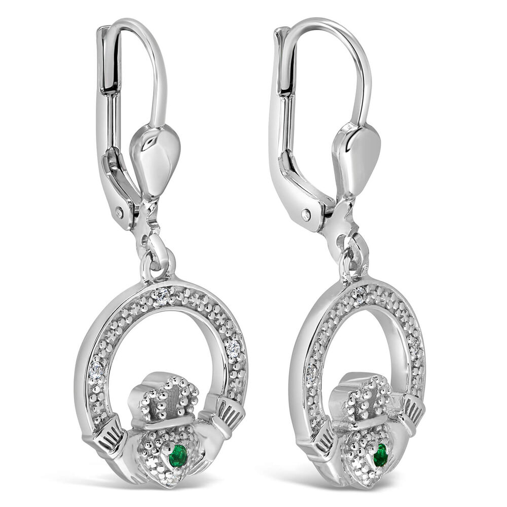 Sterling Silver Crystal Green Stone Claddagh Drop Earrings
