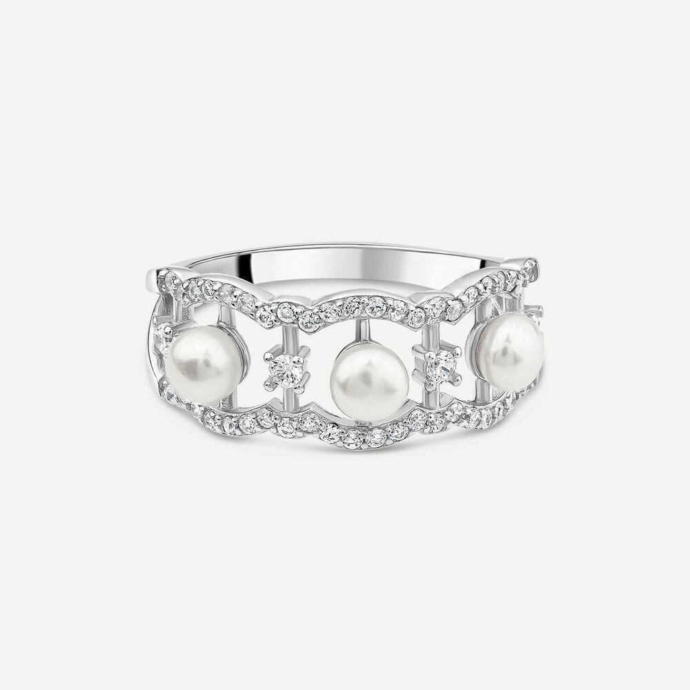 Sterling Silver 4.5-5mm Pearl & Cubic Zirconia Wave Ring image number 2