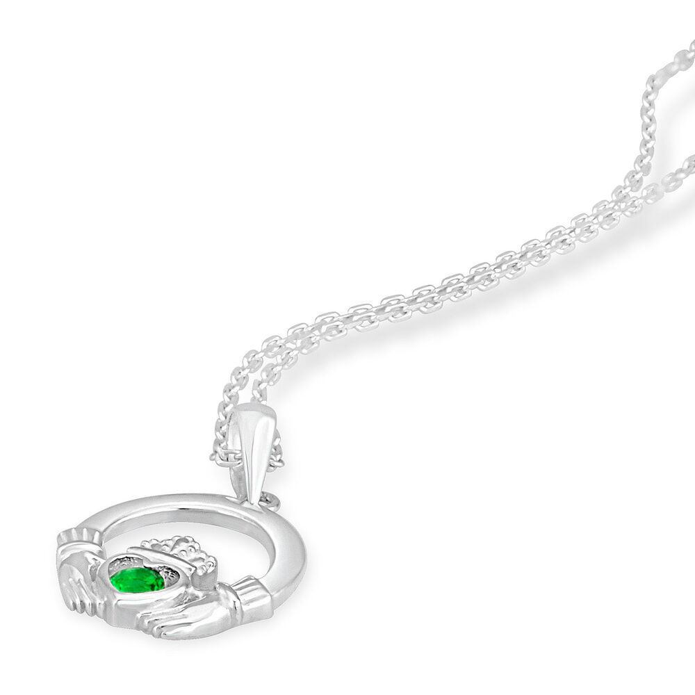 Celtic Claddagh Sterling Silver & Green Cubic Zirconia Pendant image number 2