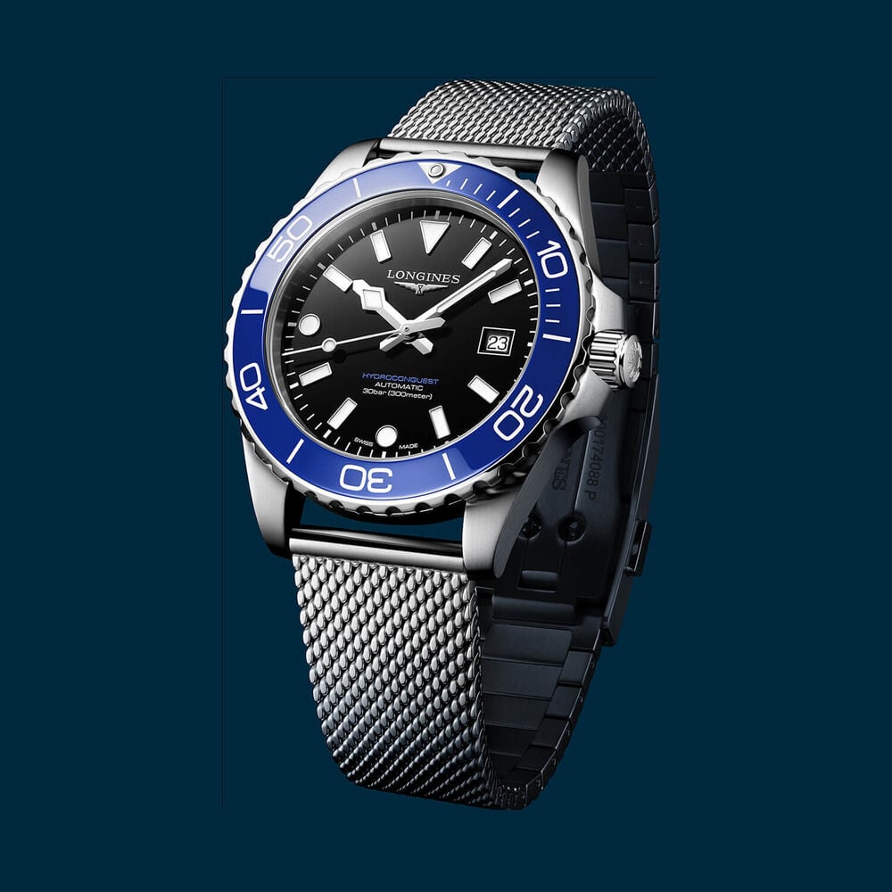 Longines HydroConquest 42mm Black Dial Blue Bezel Steel Bracelet Watch