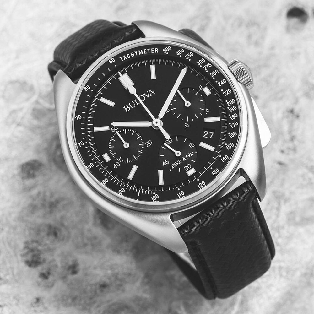 Bulova Archive Moonwatch Black Dial Chronograph Steel Case Black Strap Watch image number 6