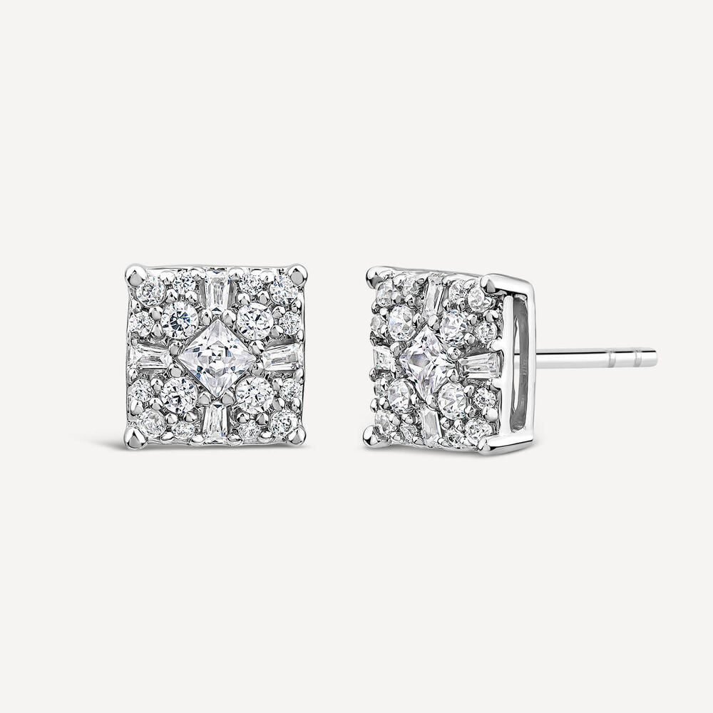 9ct White Gold 0.50ct Cluster Baguette & Round Diamond Square Shaped Stud Earrings
