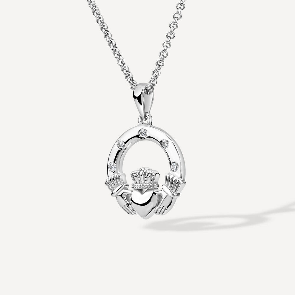 Silver Cubic Zirconia Claddagh Pendant image number 1