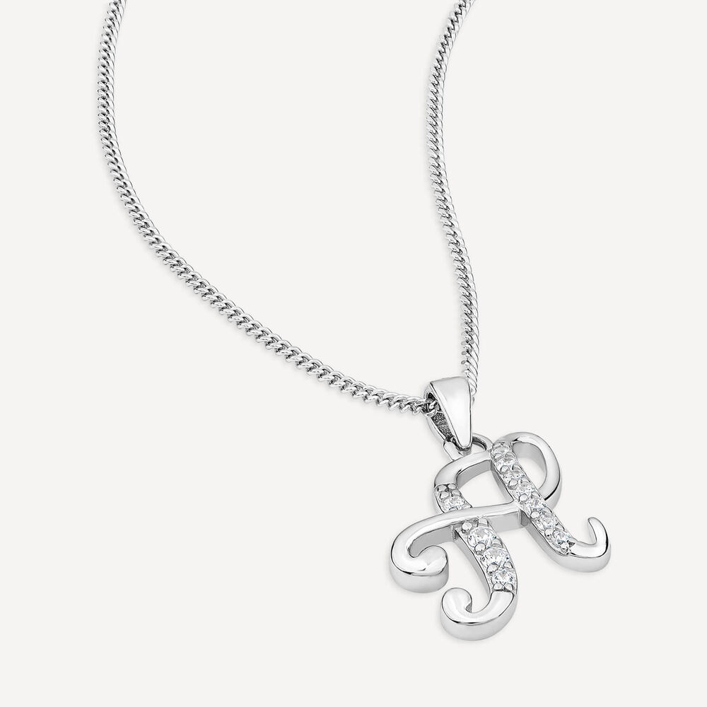 Sterling Silver Script Cubic Zirconia Initial H Pendant image number 2