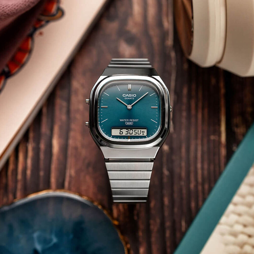 Casio Vintage Blue Dial Dual Display Stainless Steel Bracelet Watch