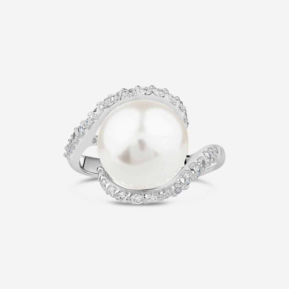 Sterling Silver Pearl & Cubic Zirconia Twist Ring image number 1