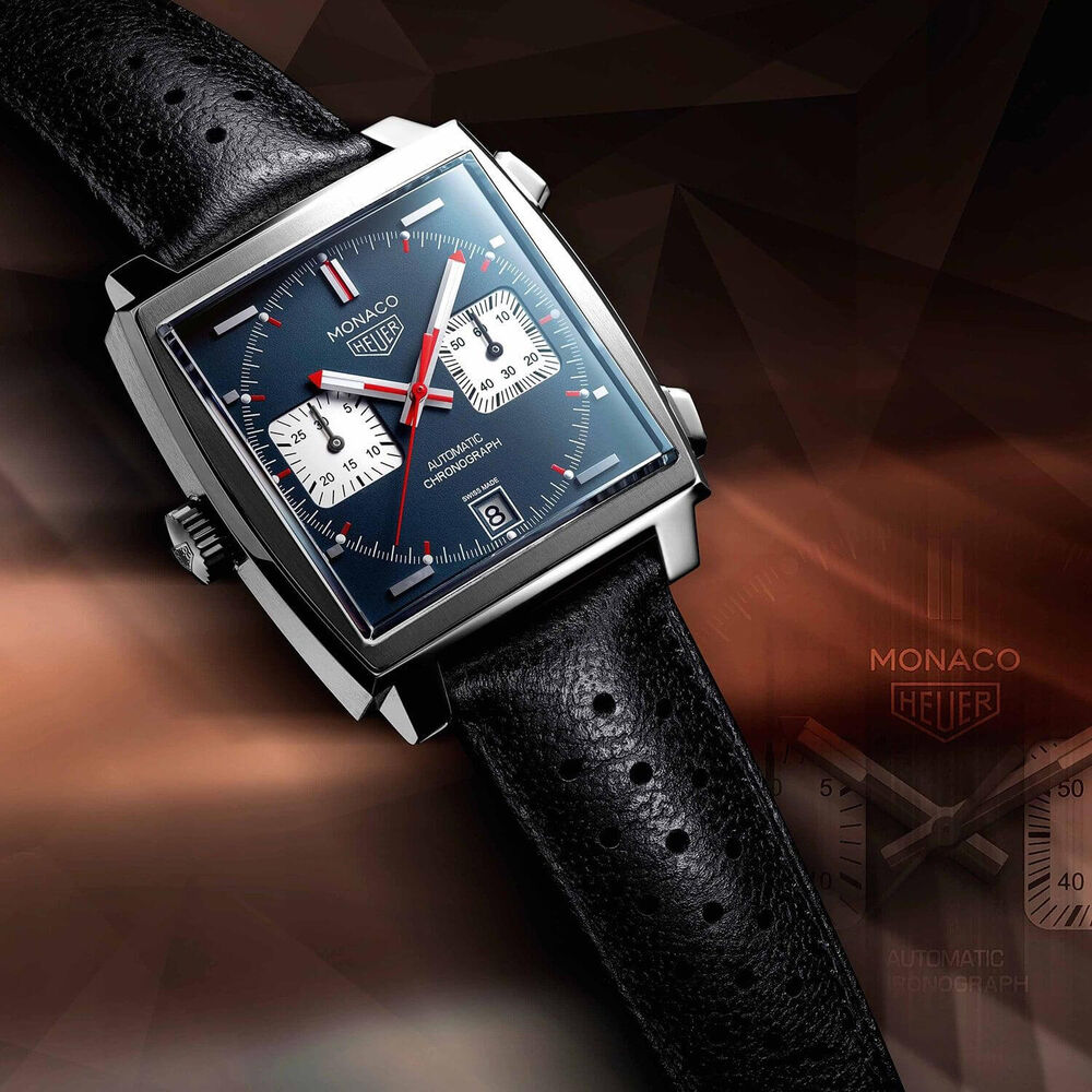 TAG Heuer Monaco Chronograph 39mm Blue Dial Black Leather Strap Watch image number 5