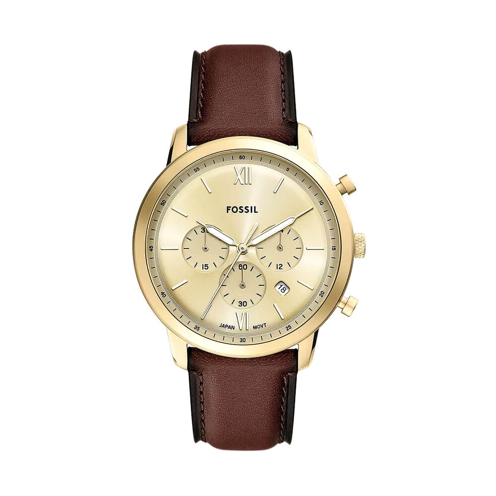 Fossil Neutra Chronograph 44mm Gold Dial Brown Leather Strap Watch image number 0