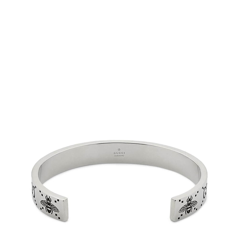 Gucci Signature Silver Bee-Motif Interlocking 9mm Cuff Bracelet (Size 19)