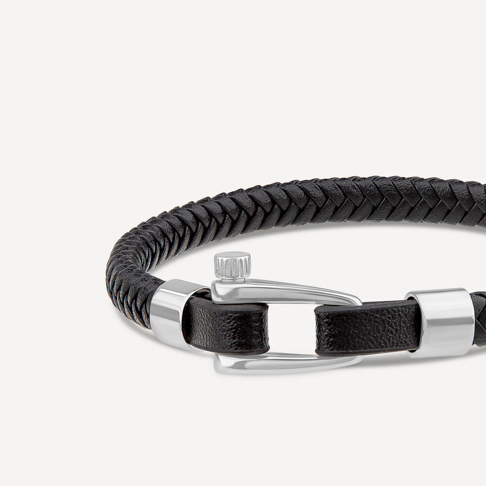 Men's Steel & Black Leather Plait Bracelet image number 3