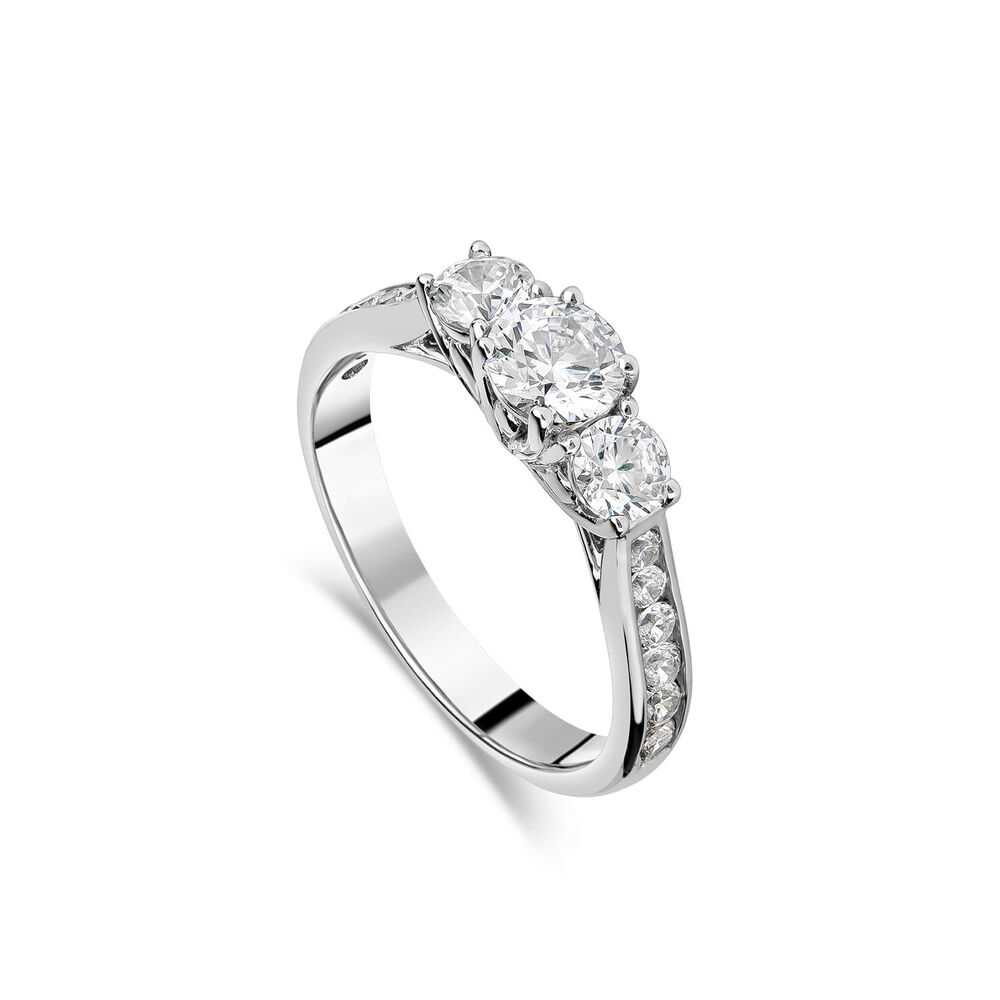 18ct White Gold Tulip Setting Three Stone 1.25 Carat Diamond Shoulders Ring