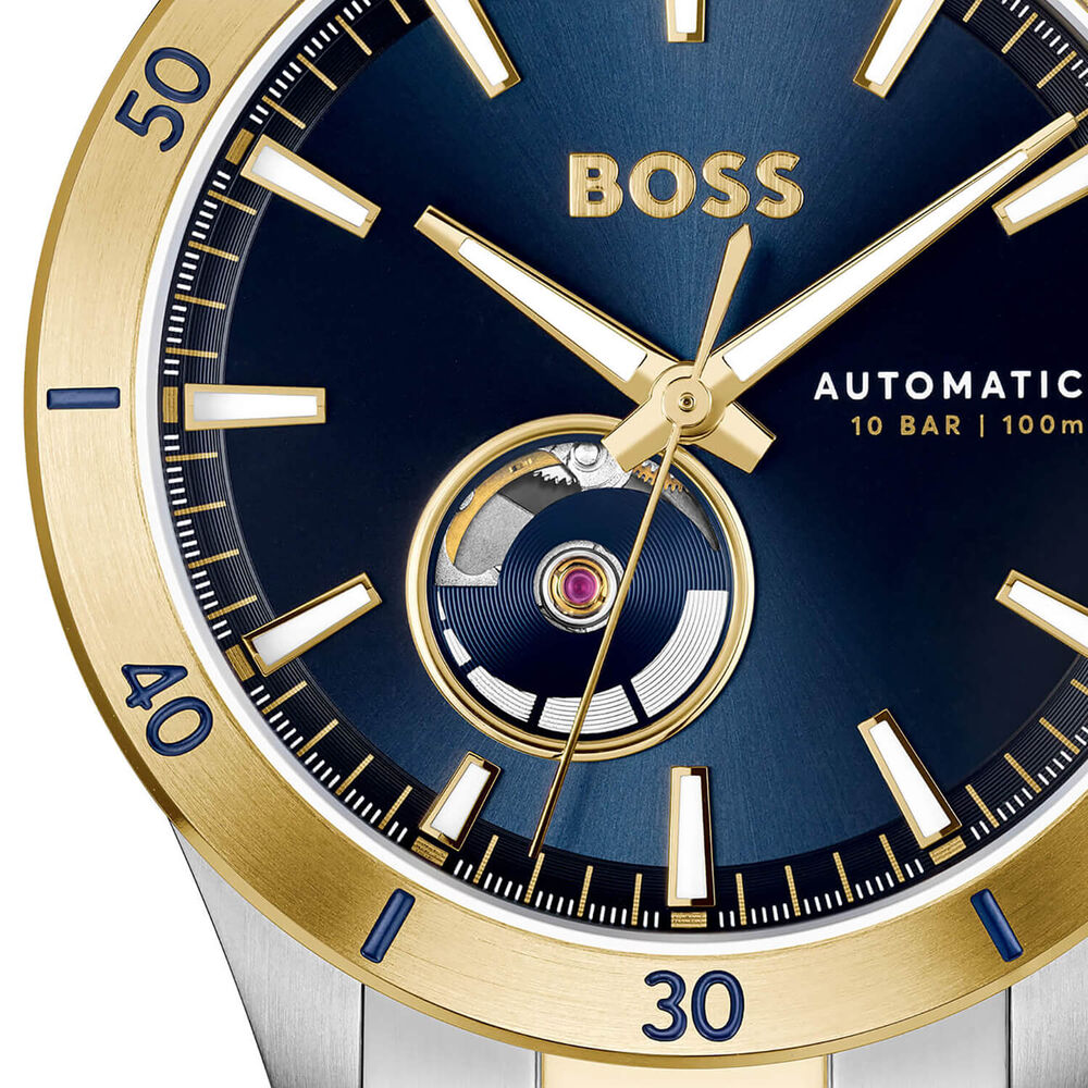 BOSS Troper Automatic 42mm Blue Open Heart Dial Two-Tone Steel Bracelet Watch