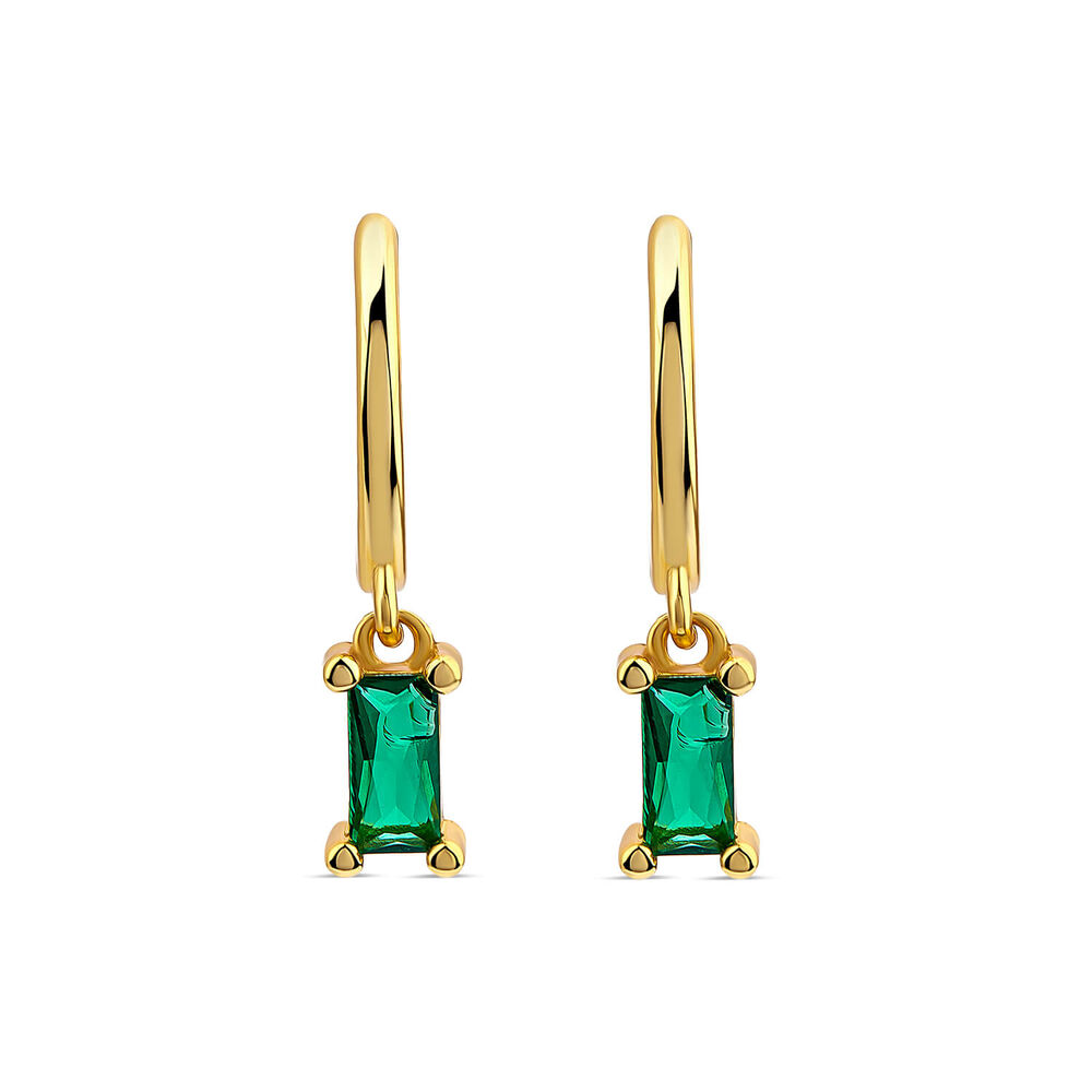Yellow Gold Plated Sterling Silver Green Rectangular Stone Hoop Earrings