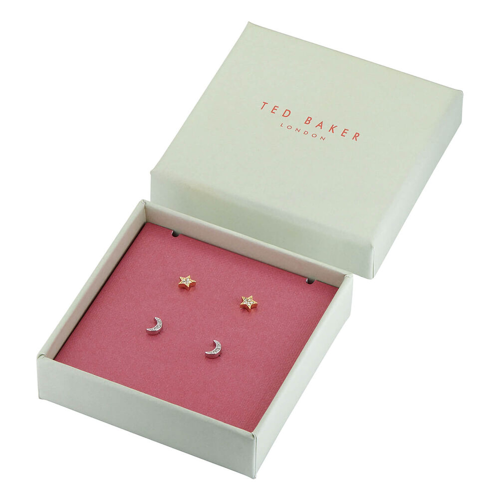 Ted Baker Twin Silver & Gold Tone Earring Star & Crescent Moon Set