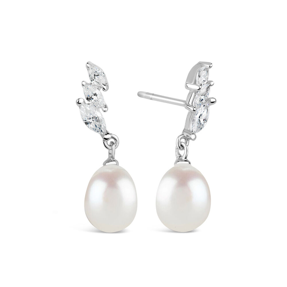 Sterling Silver Three Marquise Cubic Zirconia 3 With forwarding Pearl Drop Earrings image number 2
