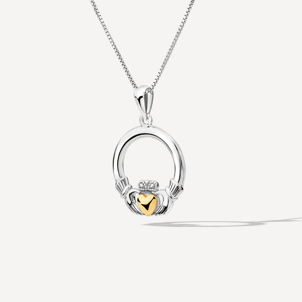 Silver Claddagh 10ct Yellow Gold Heart Pendant image number 1