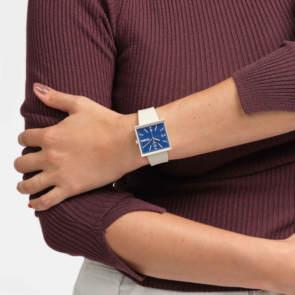 Swatch Bioceramic What if…Beige? Square Blue Dial Beige Strap Watch image number 4