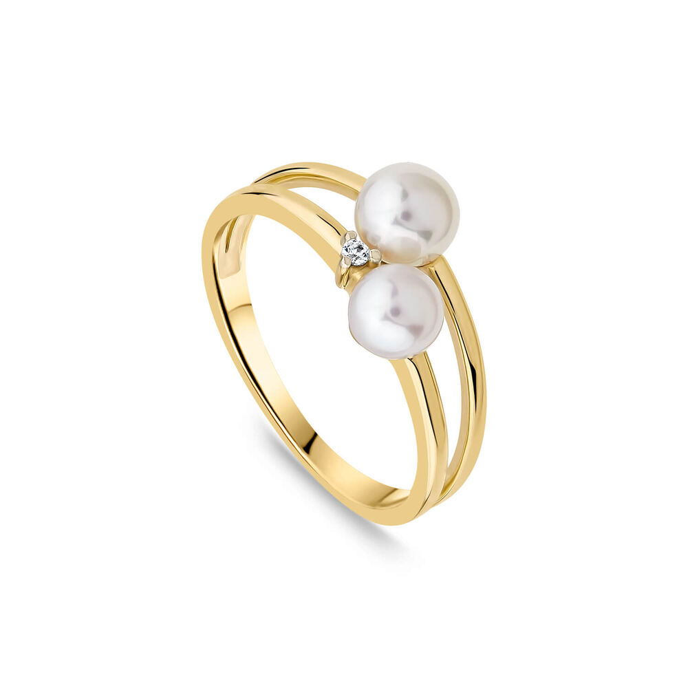 9ct Yellow Gold Diamond & Two Freshwater Pearls Double Band Ring