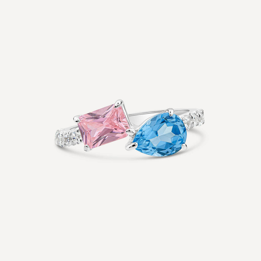 Sterling Silver Pear & Emerald Cut Blue & Pink Cubic Zirconia Toi Et Moi Shoulders Ring image number 1