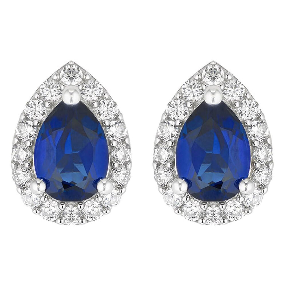 Ladies 9ct White Gold Sapphire and Cubic Zirconia  Pear Stud Earrings