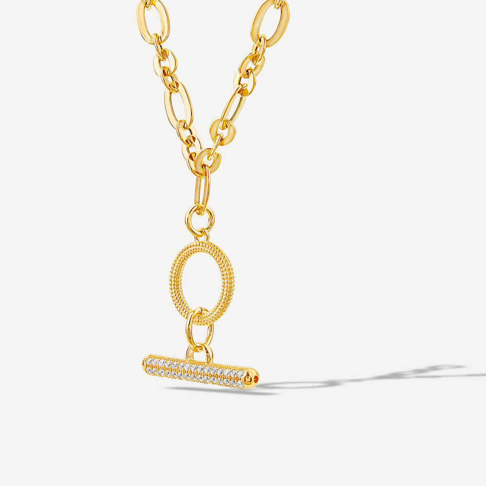 Sterling Silver & Yellow Gold Plated Figaro Cubic Zirconia T-Bar Necklet image number 1