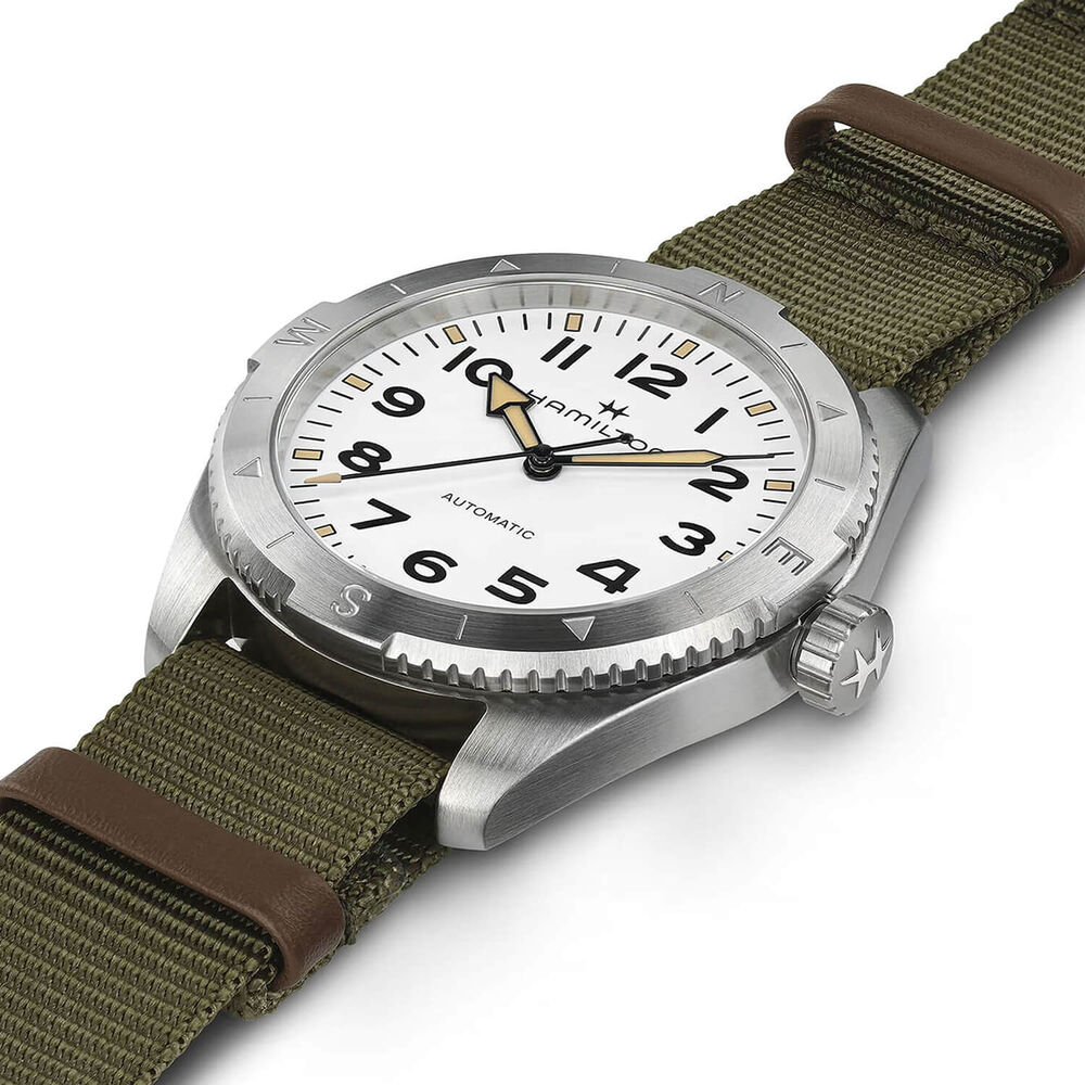 Hamilton Khaki Field Expedition Auto 41mm White Dial Steel Case Green Strap Watch image number 4