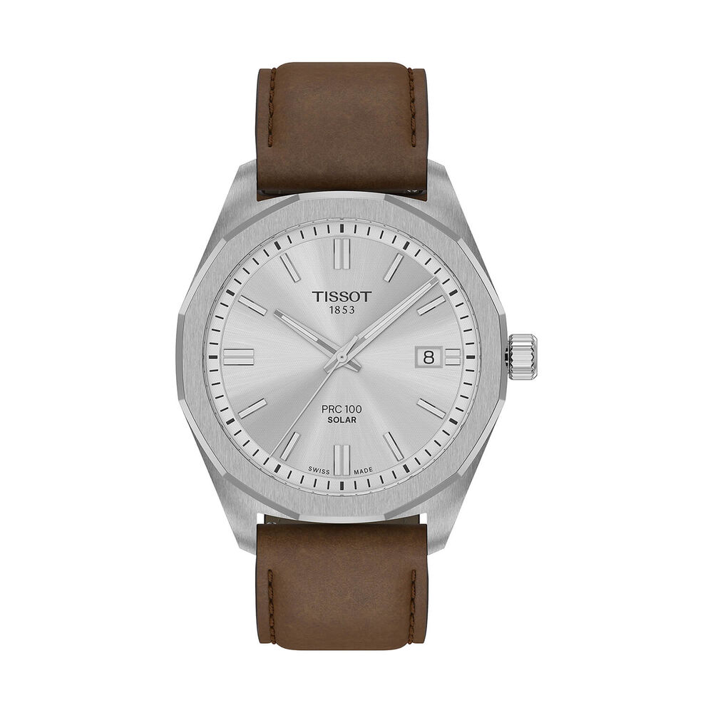 Tissot PRC 100 Solar 39mm Silver Dial Brown Leather Strap Watch image number 0