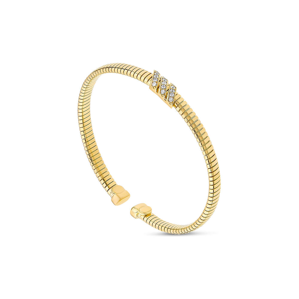 Yellow Gold Plated Sterling Silver Three Bar Cubic Zirconia Centre Ribbed Bangle image number 0