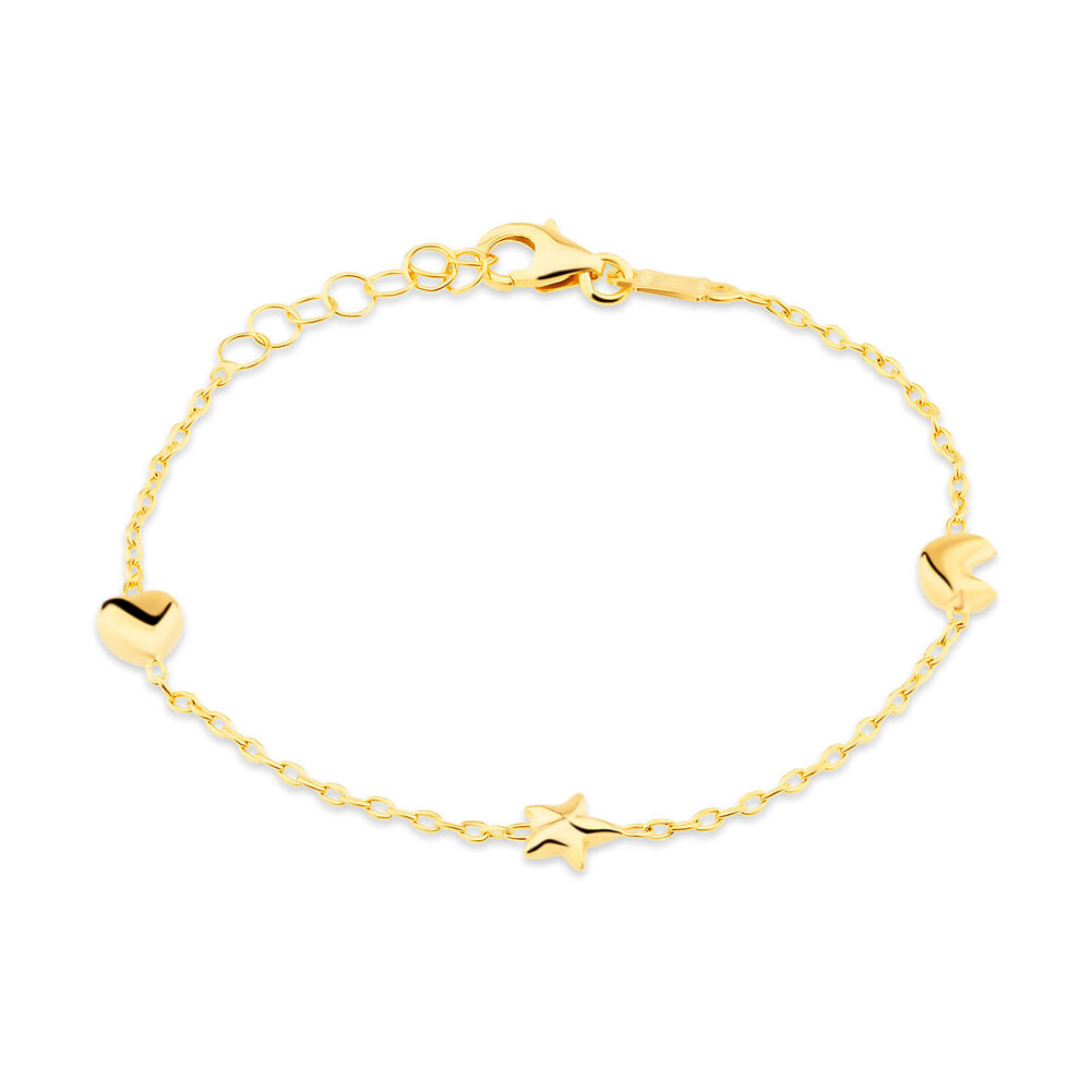 9ct Yellow Gold Heart Moon Star Childrens Bracelet image number 0