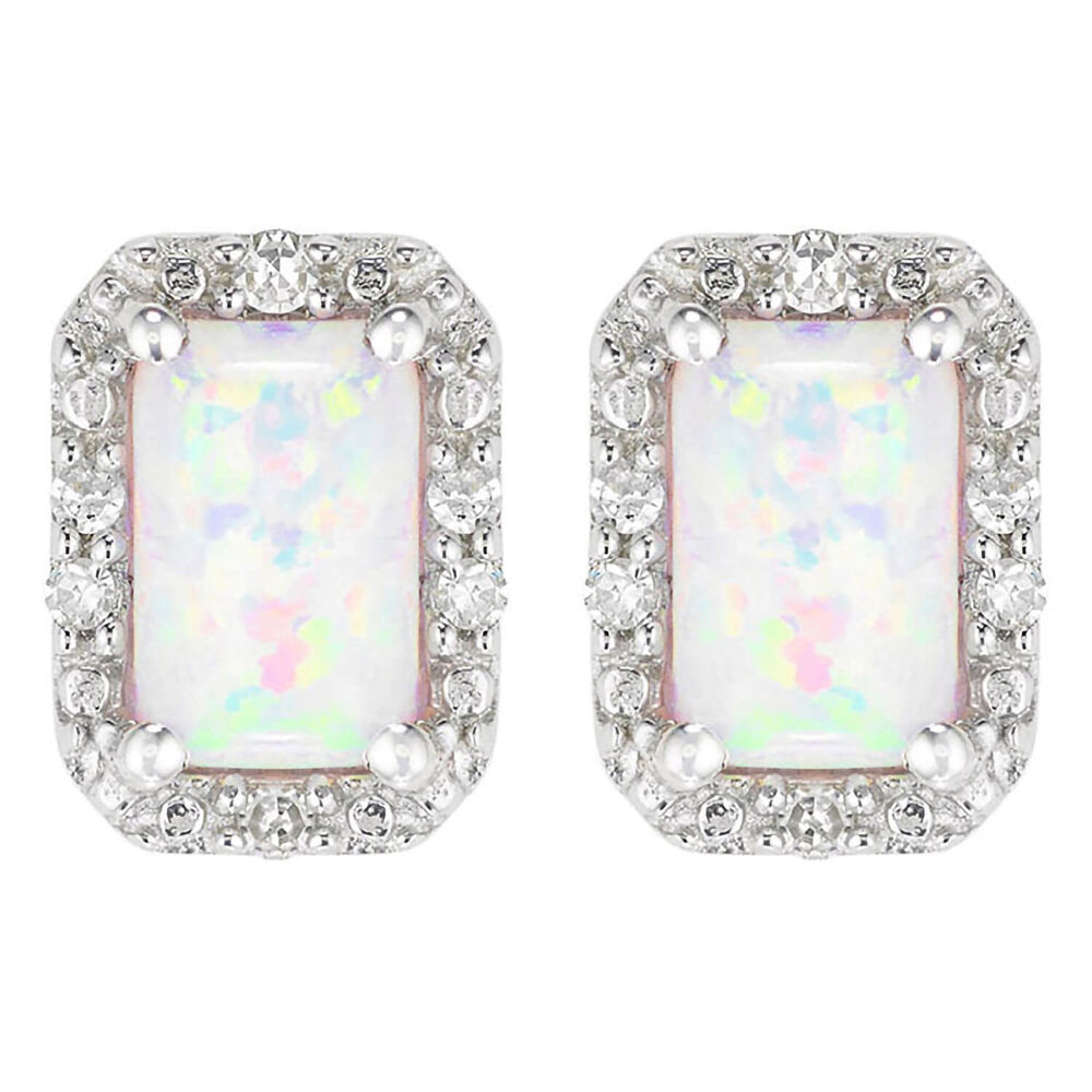 Ladies 9ct White Gold Opal and Diamond Stud Earrings