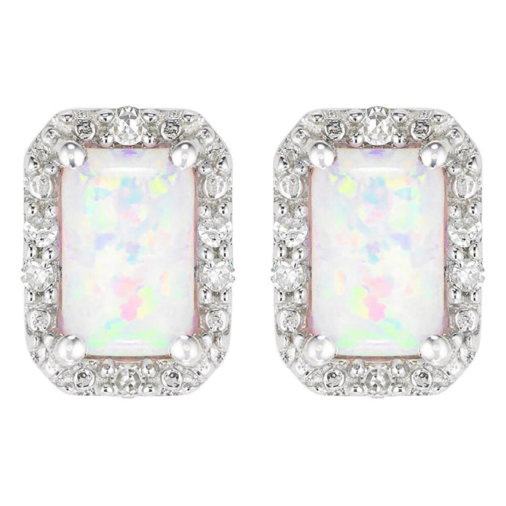 Ladies 9ct White Gold Opal and Diamond Stud Earrings