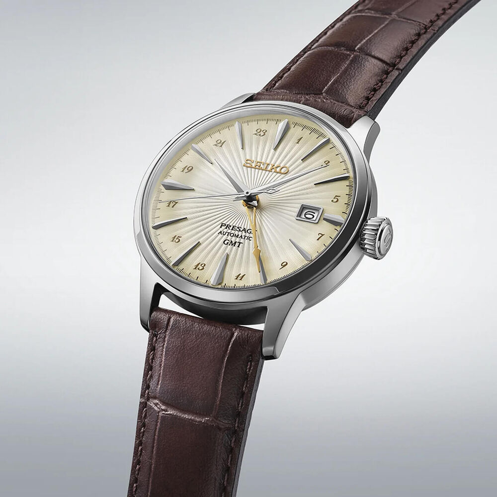 Seiko Presage Cocktail Time 'Acacia' GMT 40.5mm Gradation Yellow Dial Brown Leather Strap Watch image number 2