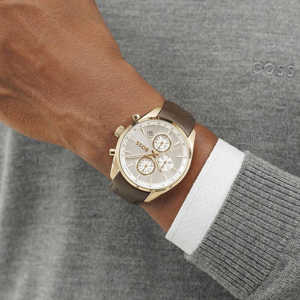BOSS Grand Prix 44mm Silver Dial Gold Tone Case Brown Leather Strap Watch image number 3
