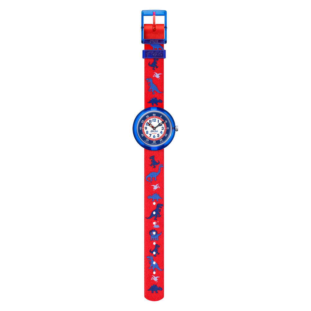 Flik Flak Childrens Quartz Red Strap Blue and White Dial Dinosaur Watch